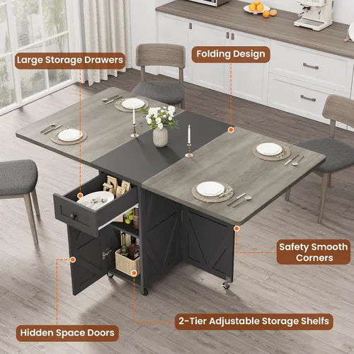 Vista 5 de Jocoevol Mesa de comedor plegable ahorradora de espacio para 4, mesa de comedor plegable estilo granja con cajón y estante de almacenamiento de 2