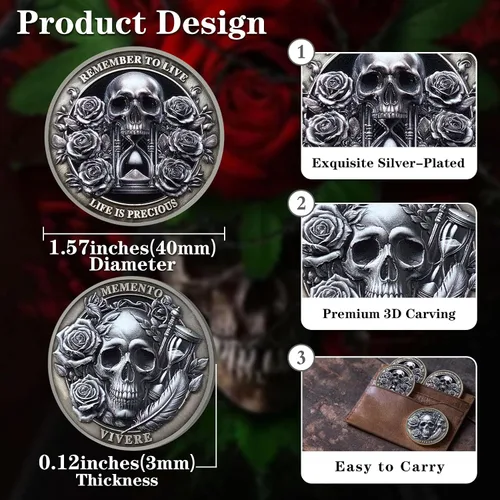 Vista 6 de Moneda Memento Mori Reloj de arena Cráneo Tiempo Mortalidad Moneda estoica Amor Fati Moneda Memento Vivere Carpe Cráneo Coleccionable Recuerdo