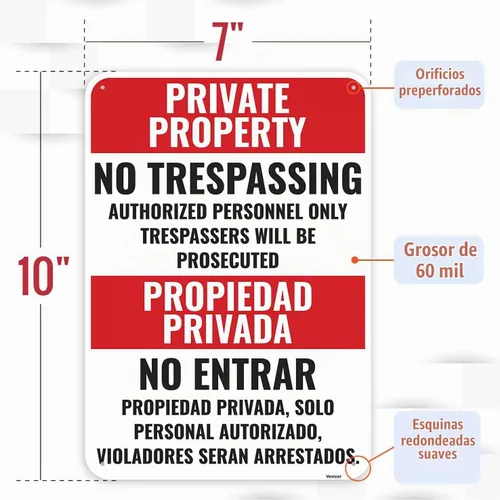 Vista 2 de 2 piezas de letreros de propiedad privada sin traspaso en español, 10 x 7 pulgadas - aluminio - Propiedad privada no traspasar. Los infractores