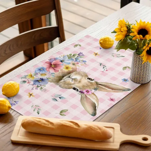 Vista 4 de Juego de 4 manteles individuales de Pascua con diseño de conejo, tela de arpillera tejida lavable para mesa de comedor cuadrada, rectangular