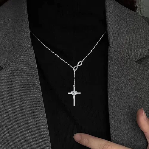 Vista 5 de Collar con colgante de cruz de amor de plata de ley 925 para mujer, regalo de joyería de cumpleaños cristiano