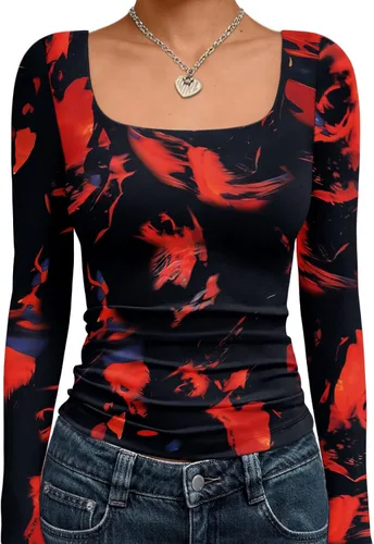 Vista 42 de Trendy Queen - Camisas ombligueras para mujer, manga larga, cuello cuadrado, básicas, para salir, de invierno, Y2K Albaricoque