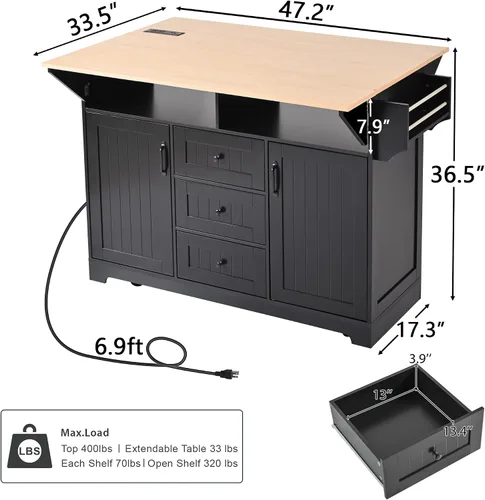 Vista 2 de Modern Rolling Kitchen Island with 2 Drop Leaves Power Outlets, 2 Storage Cabinets with Adjustable Shelf, 3 Drawers, Spice & Towel Rack, 5