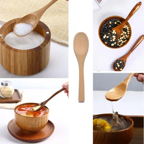 Vista 5 de Cuchara de madera pequeña hecha a mano con cucharadita de miel, condimento, café, té, azúcar, sal, mermelada, mostaza, helado, cucharas de bambú