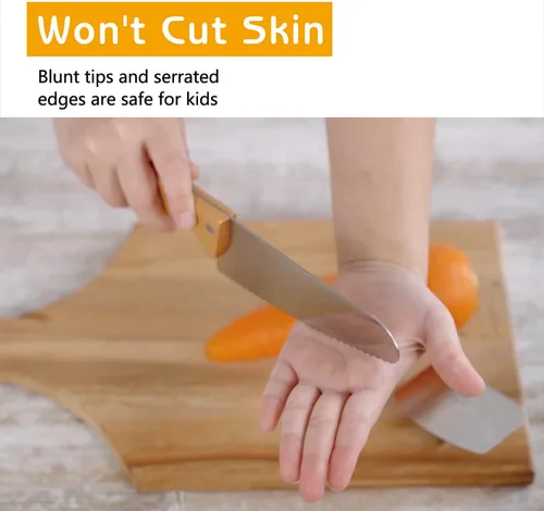 Vista 4 de Kibbidea Cuchillos seguros para niños con pelador, juego de cocina para niños sin BPA para cocina real, juego de cuchillos infantiles de acero