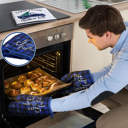 Vista 2 de Leinuosen Juego de 6 Piezas de Cocina de Navidad Juego de Toallas de Mano para Platos, Soportes para Ollas y Guantes de Horno Toallas de Té