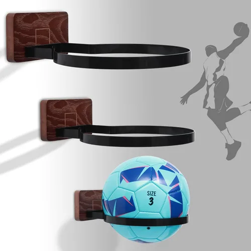 Vista 13 de Soporte de pared para baloncesto VIVTOB, soporte de pared para pelota de 7 pulgadas con base de madera maciza de nogal negro y anillo de metal