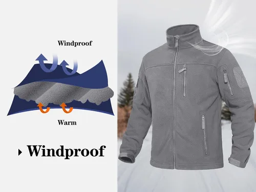 Vista 4 de KEFITEVD Chamarras tácticas de forro polar para hombre, con cremallera completa, casual, para invierno, abrigada, con múltiples bolsillos