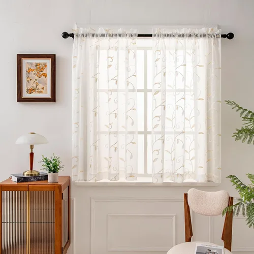 Vista 60 de VISIONTEX 2 paneles de cortinas traslúcidas de 63 in de largo, cortinas de gasa semitransparentes bordadas con hojas florales beige, bolsillo