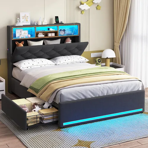 Vista 13 de HAUOMS - Base de cama Queen con cabecero y 4 cajones, tapizado de poliuretano negro Pu Negro