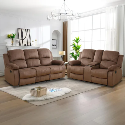 Vista 27 de Juego de Muebles para Sala de Estar, Juego de Sofá Reclinable Manual, Juegos de Sofás Reclinables de Cuero Beige con Mesa Desplegable, Sofá