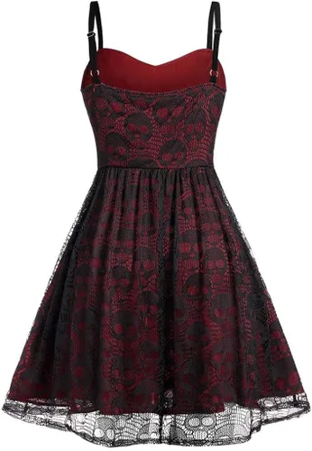 Vista 2 de Vestido renacentista para mujer, vestido de calavera gótica de encaje, con tirantes delgados, para Halloween, mini vestidos de vapor punk a la moda
