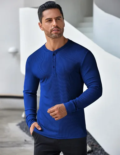 Vista 32 de COOFANDY Camisas Henley de manga larga para hombre, camisetas elásticas acanaladas, camisetas básicas casuales de moda