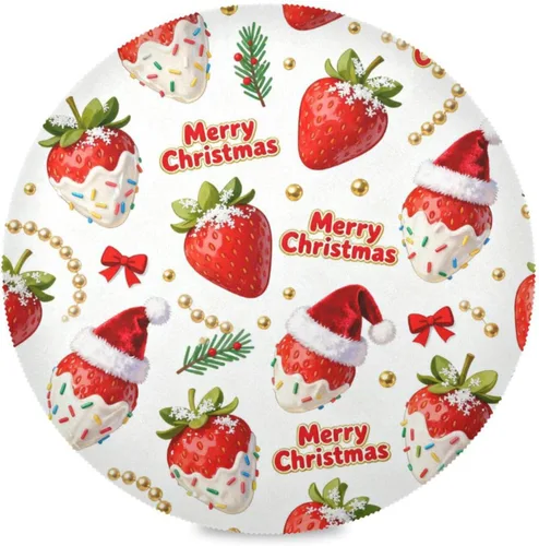 Vista 2 de Merry Christmas Red Strawberry Round Place mat Christmas Reversible Quilted placemat individuales para mesa de comedor Rose Gold 15.4x15.4in Set of 6