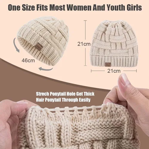 Vista 4 de Alepo Womens High Messy Bun Beanie Hat with Ponytail Hole, Winter Warm Trendy Knit Ski Skull Cap