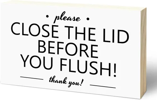 Vista 9 de 3x5 Bathroom Wooden Block Sign, Please Close Lid Before Flushing, Black