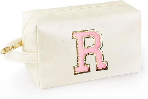 Vista 45 de Bolsa de maquillaje personalizada con inicial con asa, bolsa de cosméticos de preparación con bolsillo interior con cremallera, 8, 9, 10, 11, 12 Rosa