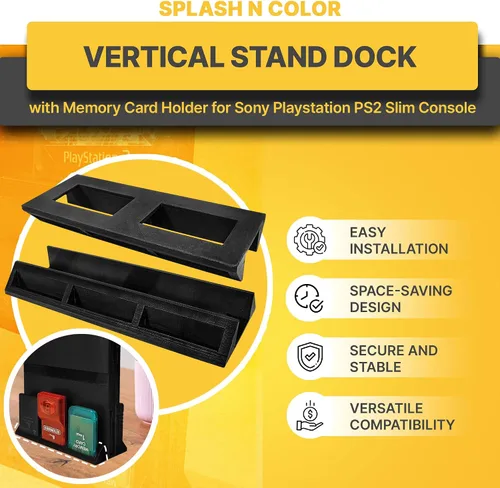 Vista 4 de Base vertical con soporte para tarjeta de memoria compatible con consola delgada Sony PlayStation PS2 – Ahorro de espacio, accesorio conveniente