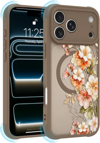 Vista 20 de OOK Funda magnética para iPhone 13 Pro Max [compatible con MagSafe] Funda delgada translúcida mate con flor silvestre negra, protección para lente