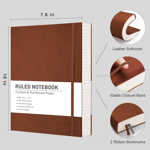 Vista 2 de RETTACY Cuaderno rayado, 2 paquetes, 204 páginas numeradas por paquete, B5 mediano 17.6 x 25 cm, tapa blanda de cuero, papel grueso de 100 g/m²