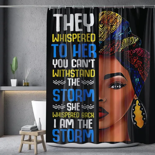 Vista 2 de Cortina de ducha de mujer africana, cortina de ducha de tela negra afroamericana, divertidas, citas inspiradoras, impermeable, decoración de baño