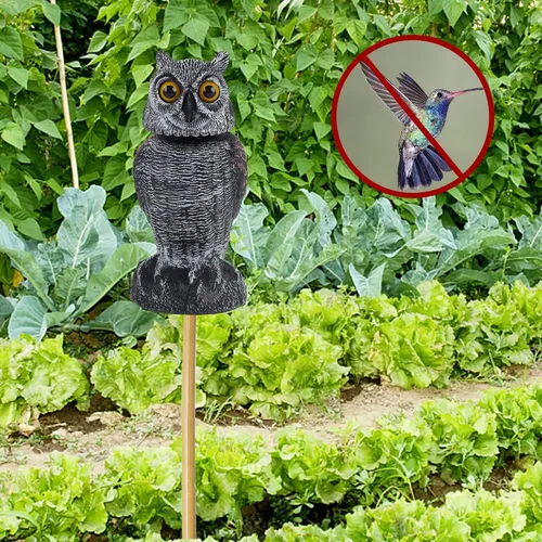 Vista 5 de Hausse Paquete de 2 señuelos falsos de búho para asustar a los pájaros, cabeza giratoria de plástico, búho disuasorio de pájaros, 10.6 pulgadas