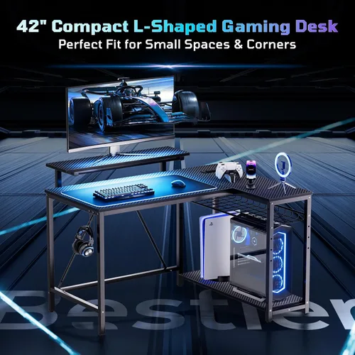 Vista 4 de Bestier - Escritorio de juegos con tomas de corriente, escritorio para computadora de 42 pulgadas en forma de L con luces LED, escritorio