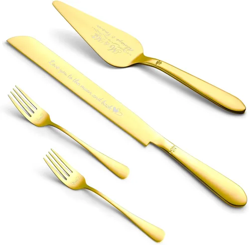 Vista 10 de Juego de servidor de pasteles y tartas Eisinly para boda, elegante juego de servidor y cortador de pizza con bordes dentados grandes de acero Dorado