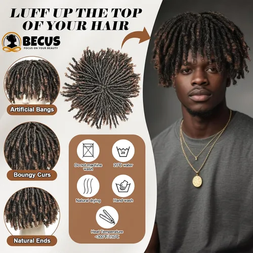 Vista 5 de BECUS Peluca de pelo marrón con rastas para hombres y mujeres negros, peluca corta trenzada sintética para uso diario, fiesta de cosplay (marrón)