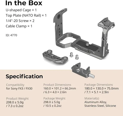 Vista 9 de SmallRig FX3 / FX30 HawkLock Kit de jaula para cámara de liberación rápida para Sony con abrazadera de cable, zapata fría QR incorporada riel