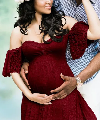 Vista 2 de ZIUMUDY Fotografía Vestido de maternidad fuera del hombro Encaje Baby Shower Vestido de novia embarazada