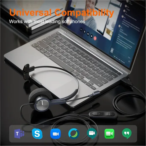 Vista 3 de Auriculares USB de oficina con micrófono para PC, auriculares USB ligeros con micrófono de cancelación de ruido para laptop, funciona para equipos