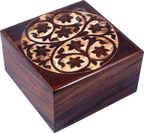 Vista 18 de Urna de madera antigua hecha a mano con grabado del árbol de la vida tallada a mano para mujeres y hombres, joyas Acentos de decoración del hogar