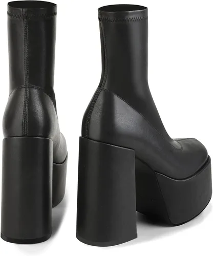 Vista 5 de Easyfox Platform Boots for Women Mid Calf Chunky High Heels Ankle Booties Slip on Round Toe Elastic PU Leather Short Boots