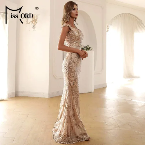 Vista 5 de Miss ord Vestido formal de noche con lentejuelas y cuello en V para mujer, vestido largo de fiesta de sirena