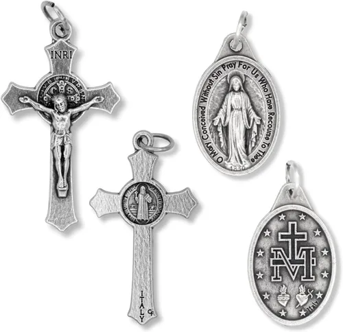Vista 2 de Caritas et Fides Collar católico con crucifijo de San Benito y medalla milagrosa, hipoalergénico en cadena de bola de 24 pulgadas, collar católico
