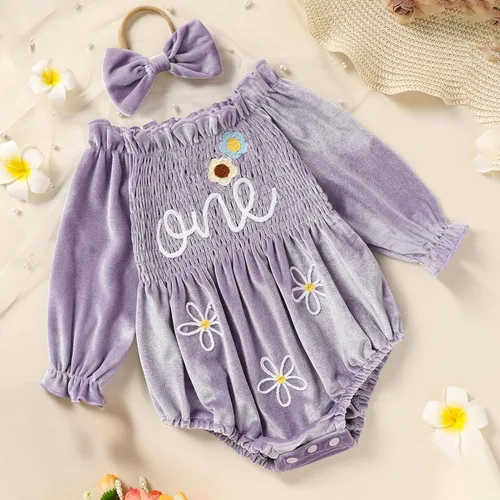 Vista 30 de GRNSHTS Ropa de primer cumpleaños para niña de terciopelo de un año de edad, mameluco de manga larga + diadema, 2 piezas de trajes de pastel