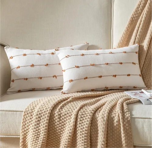 Vista 19 de Caflife Fundas de Almohada Decorativas Boho 18x18 pulgadas Beige y Negro, Juego de 2 Fundas de Almohada Decorativas Modernas Estilo Granja para Sofá