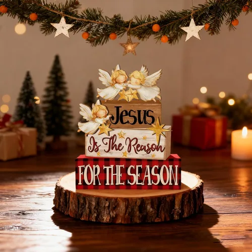 Vista 2 de 4 Piezas de Decoraciones de Navidad para Interior - Decoración de Mesa de Ángel de Madera para el Hogar - Centro de Mesa de Navidad para la Mesa