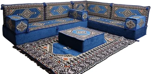 Vista 150 de arabicsofa Juego de asientos Jalsa en forma de L – Majlis árabe hecho a mano con almohadas de respaldo