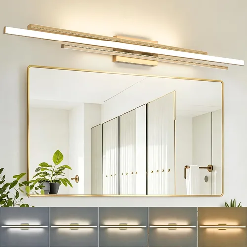 Vista 11 de VitaLink Lámpara de tocador dorada, 24 pulgadas, moderna lámpara de pared de baño sobre espejo de tocador, 2 luces cableadas de vidrio blanco