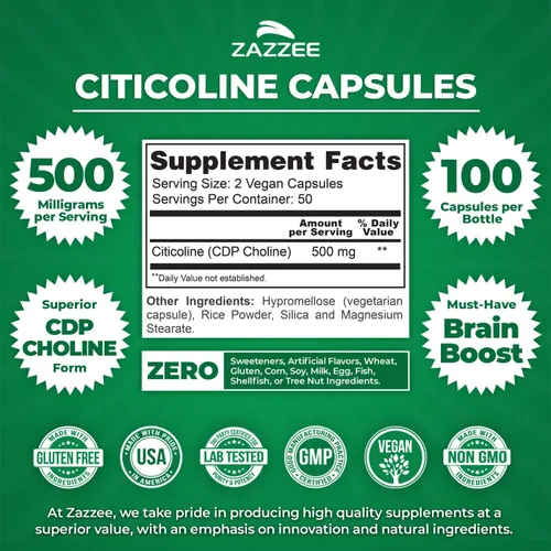 Vista 3 de Zazzee Citicoline CDP Colina 300 mg, 120 cápsulas veganas, veganas, sin OMG y totalmente naturales, grado premium, contiene estabilizadores orgánicos