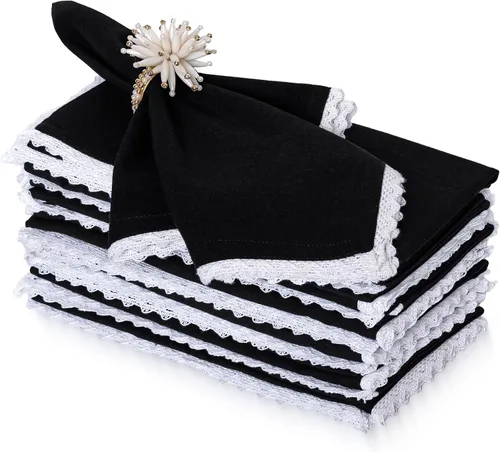 Vista 17 de FINGERCRAFT Servilletas de tela de lino y algodón de 12 unidades con esquinas ingletadas y elegante encaje para uso diario; las servilletas están