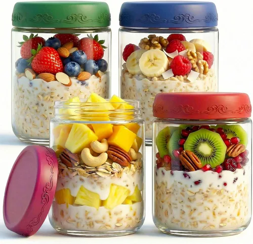 Vista 18 de Paquete de 4 de 10 OZ, Frascos para Avena Nocturna con Tapas, Recipientes de Vidrio para Preparación de Comidas, Frascos Mason Herméticos