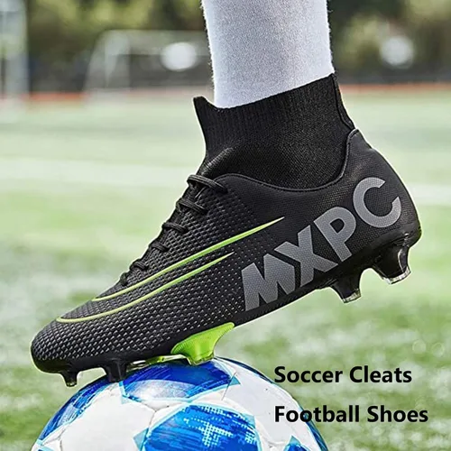 Vista 7 de Botines de fútbol para hombre, zapatos de fútbol de caña alta, con cordones, antideslizantes, botas profesionales de césped firme para exteriores