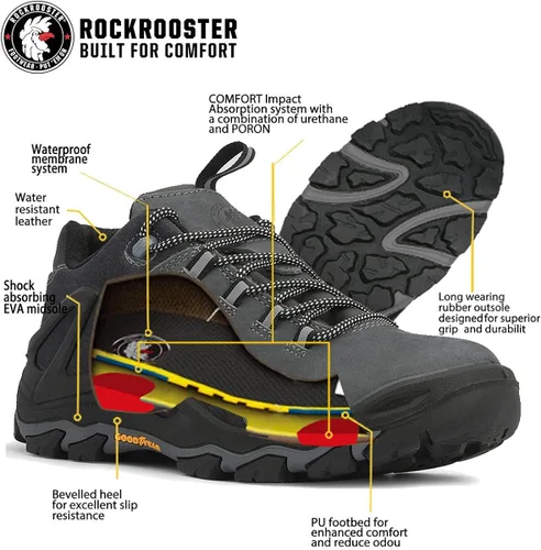 Vista 3 de ROCKROOSTER Farland - Zapatos de senderismo impermeables para hombres, zapatos de senderismo antideslizantes de 4 pulgadas, antifatiga, cómodos