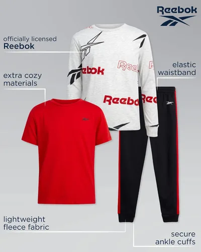 Vista 2 de Reebok Conjunto deportivo activo para niños, camisa de manga larga de 3 piezas y pantalones deportivos, de vellón de alto rendimiento para niños
