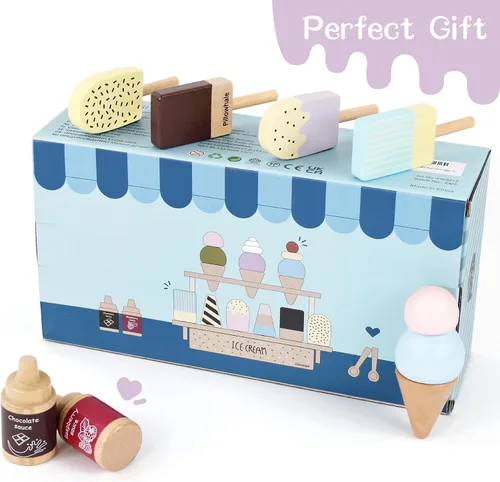 Vista 6 de Juego de helados de madera de Pillowhale para niños – 24 piezas Juguetes de simulación de helados con conos, paletas, coberturas, salsas y cucharas
