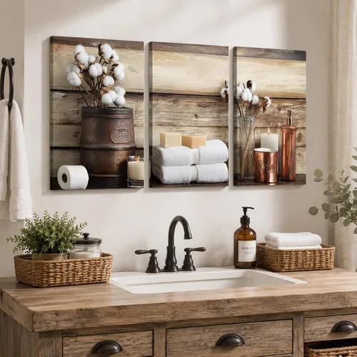 Vista 20 de KVTM 3 piezas de arte de pared de baño de granja, diseño de jabón fresco y bañera de agua, impresiones rústicas de flores en lienzo, arte estético