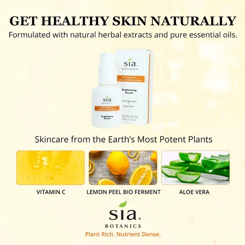 Vista 5 de Sia Botanics Suero facial iluminador (botella de porcelana de 1.0 fl oz/1 oz), tratamiento facial con vitamina C, bio fermento de cáscara de limón